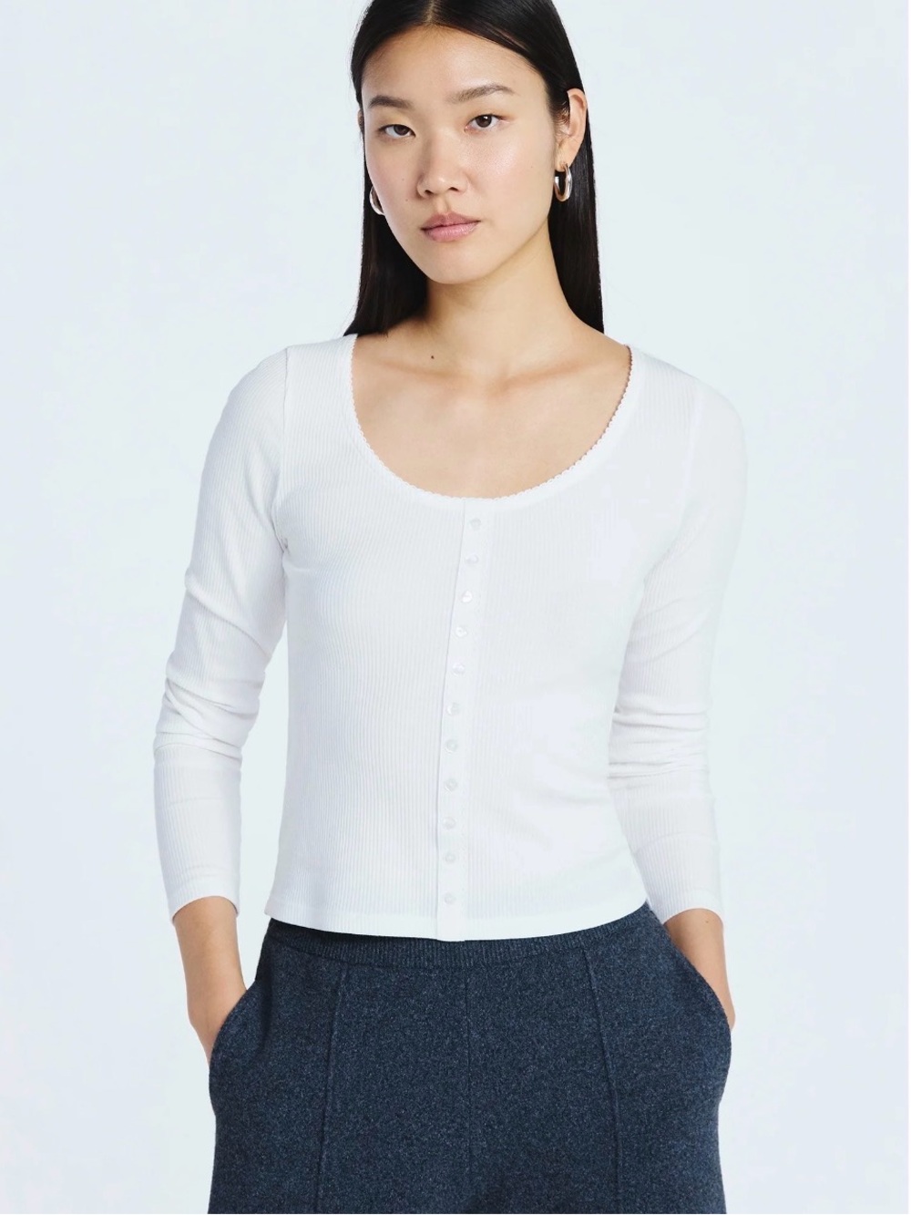 Scoop Cream Lace Trim Scoop Neck Ribbed Long Sleeve Tee